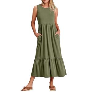 Anrebess Size Medium NWOT Tiered Dress with Pockets midi length army green